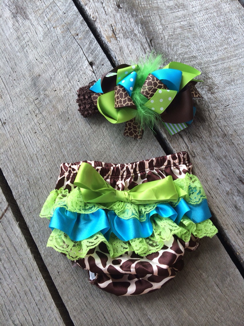 2pcs baby Bloomer set Baby Turquoise & Lime Giraffe by CloverDepot