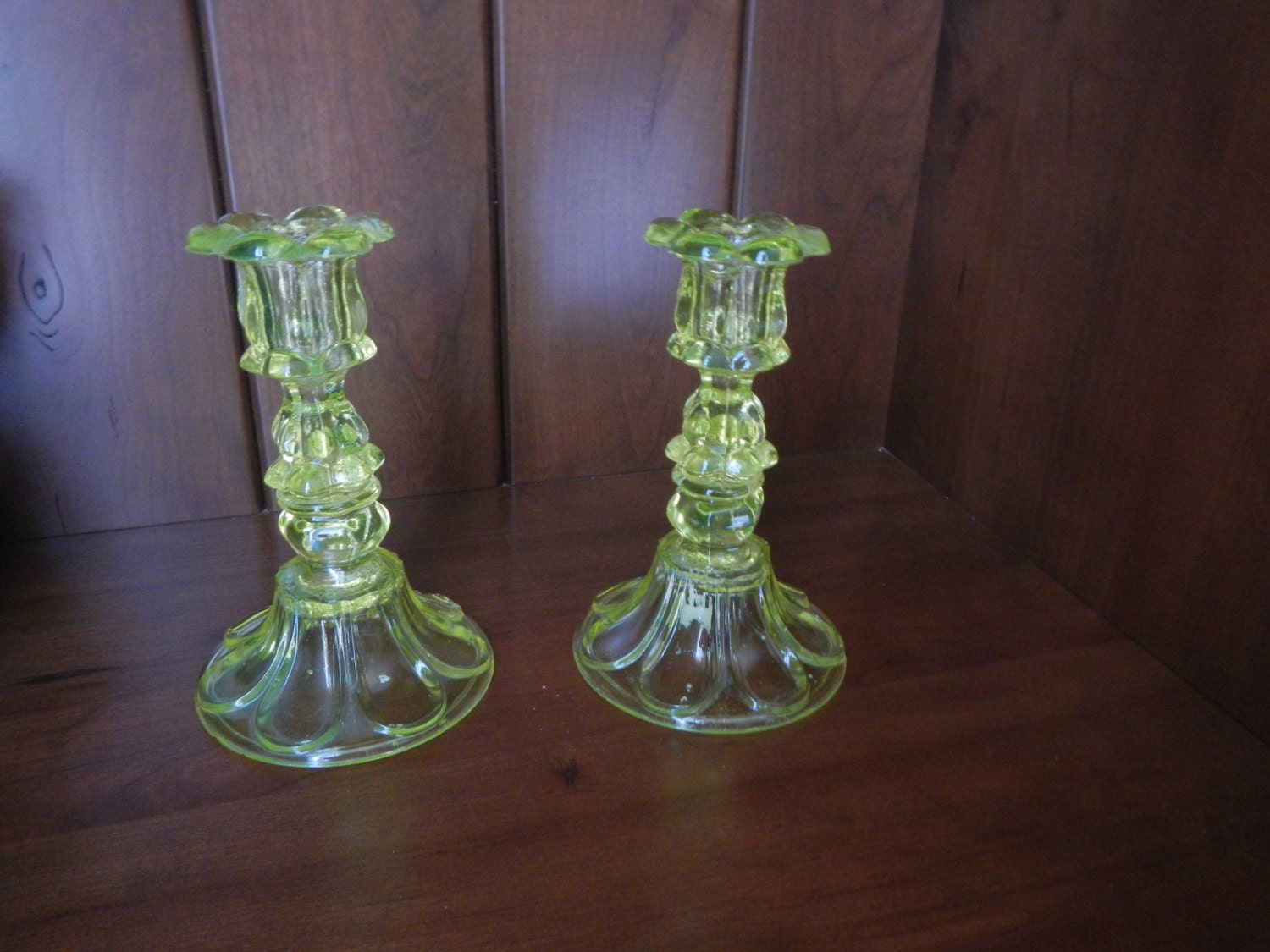 Antique Yellow Vaseline Glass Candlesticks Boston Sandwich