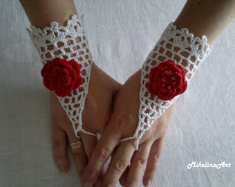 Wedding Gloves, Crochet Mittens, Fingerless Gloves,Crochet Bracelet, White, 100% Cotton.