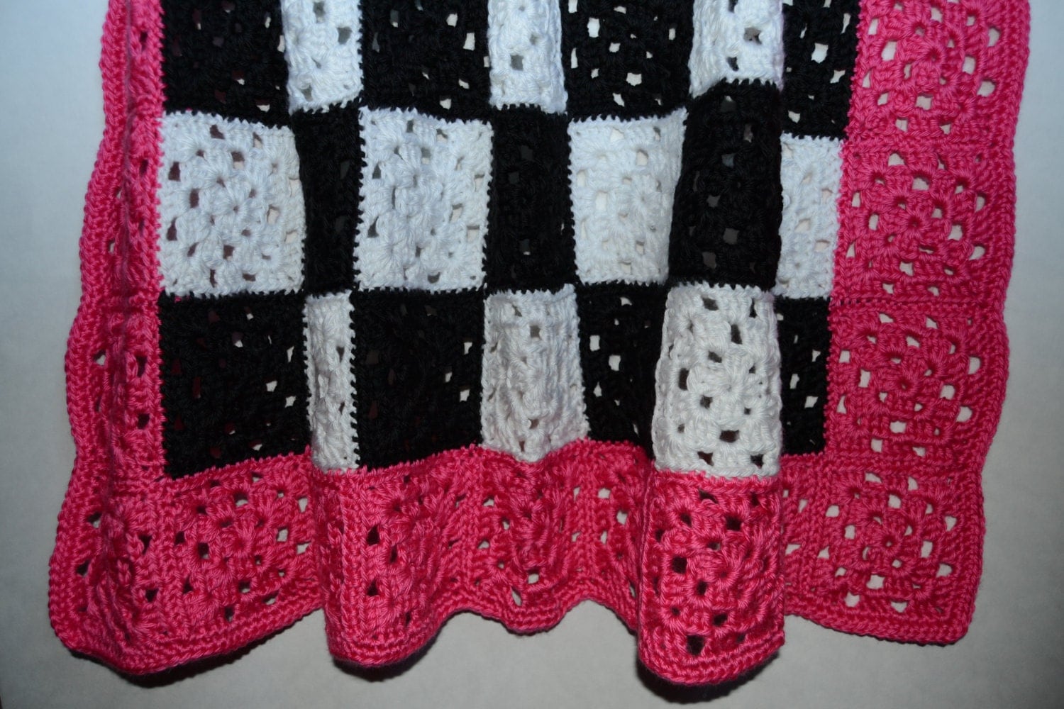Checkered Crochet Baby Blanket in Pink Black and White