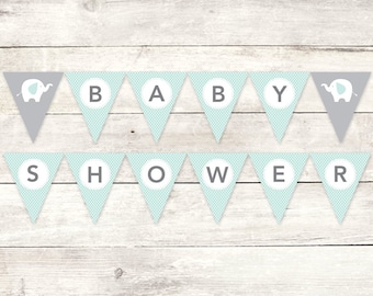 baby shower banner printable DIY bunting banner elephant sage green grey polka dots hanging banner digital triangle - INSTANT DOWNLOAD