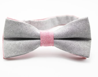 Bow Tie for Men.Light Grey Bow Tie with Pink Strap.Wedding Bow Tie.Prom Bow Tie