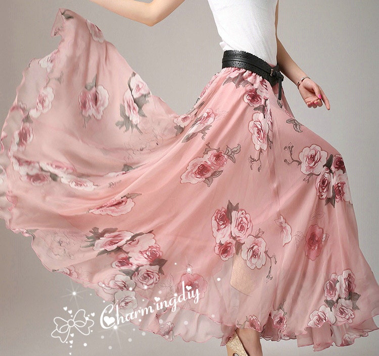 60 Colors Pink Flowers Chiffon Skirt Long Maxi Sundress
