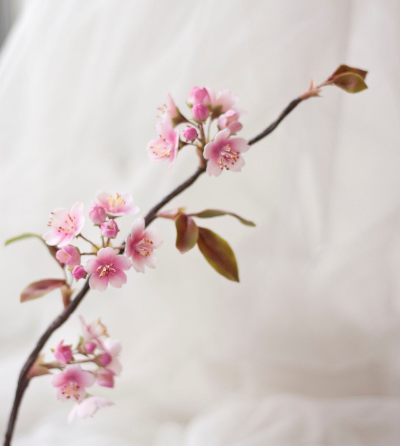 Sakura Branch Handcrafted Clay Cherry Blossoms Flowers Buds