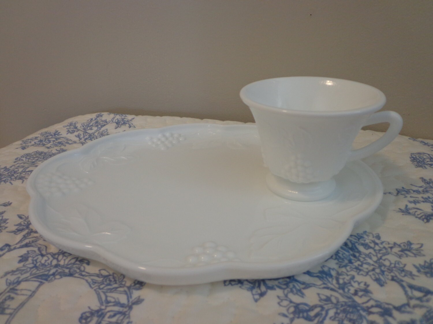 Vintage Milk Glass Lunch Snack Plate with Cup White Home