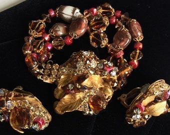 Fabulous Vintage Miriam Haskell Bracelet Earring Set~Beads/RS/Filigree~Signed