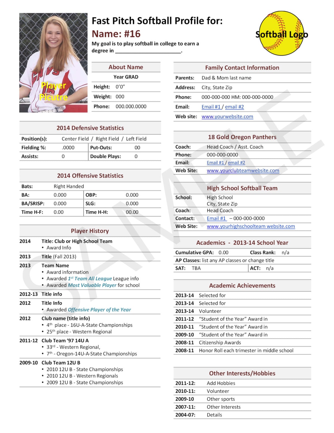 Fast Pitch Softball Player Profile Template Used for College