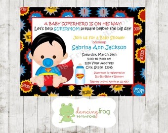 Superhero Baby Shower Invitation - Custom Printed Superhero Baby Shower Invitation - You pick which Superhero - by Dancing Frog Invitations
