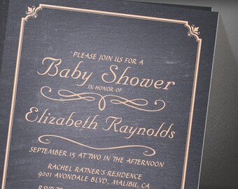 coral chalkboard baby shower invites