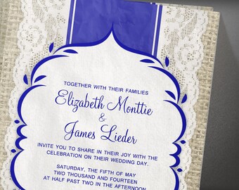 Blue Vintage Linen Burlap & Lace Wedding invites