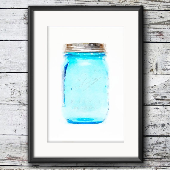 5x7" Blue Mason Jar Watercolor Instant Download Printable