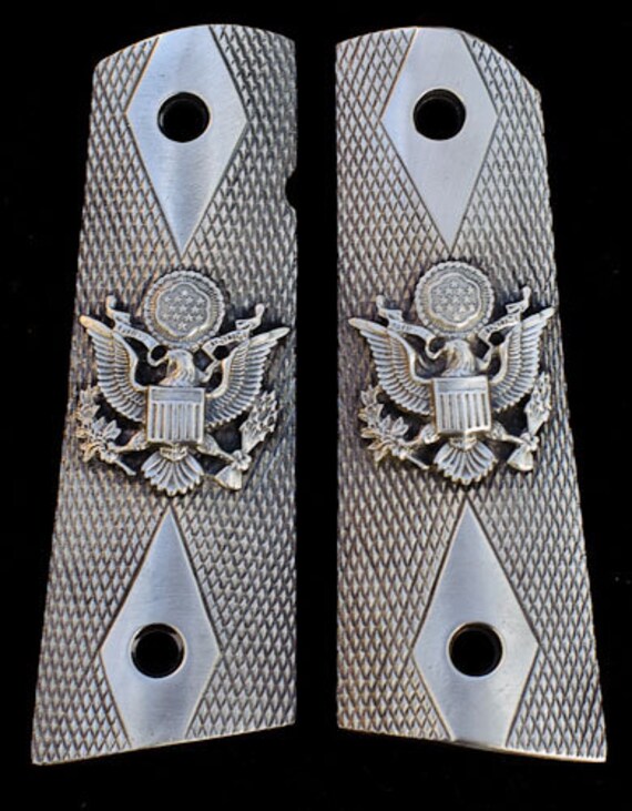 PEWTER 1911 GUN Grips Engraved US Eagle Checkered Design