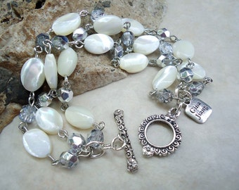 White Mother of Pearl Bracelet.Triple Strand.Crystals.Beach Wedding.Toggle plated in sterling silver.Beadwork.Bridal.Bridesmaid. Handmade.