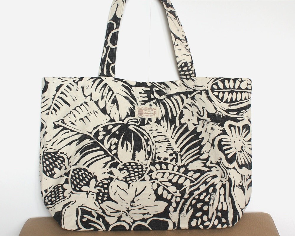 Floral and leaves print black and white large cotton tote bag
