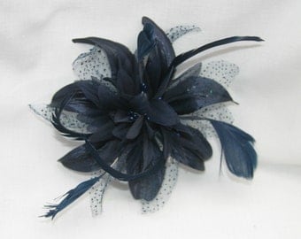 Navy Blue Fascinator on a Comb with Spotted Feather Detail