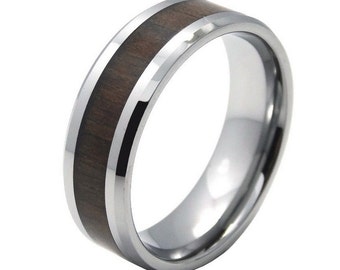 mens wood wedding band, wood inlay ring, mens tungsten carbide ring ...