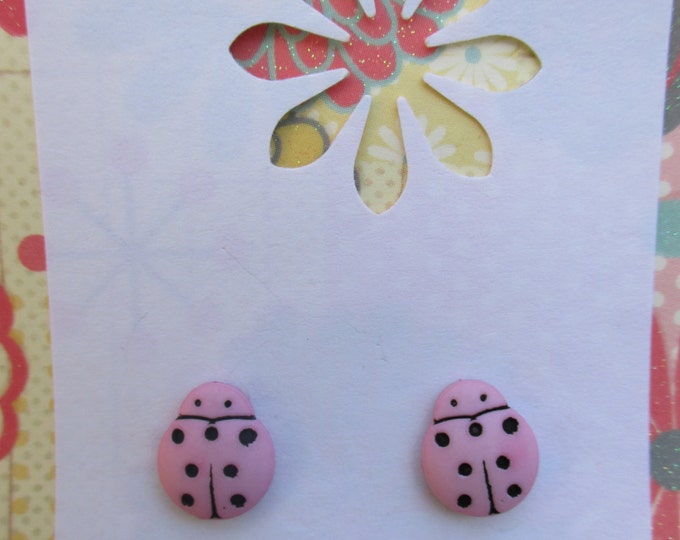 Pink Ladybug Earrings-Lady bug studs-Insect Jewelry-tween-girls earrings-light pink-nickel free-sterling silver-Hot pink