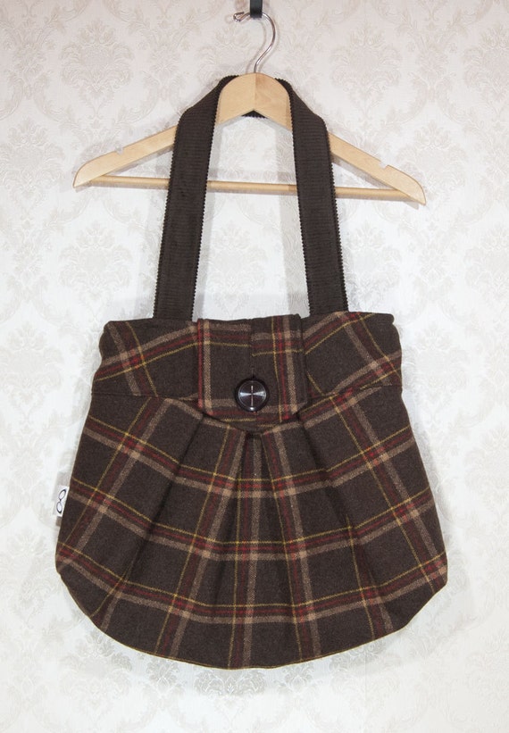 Large Brown Tote Bag Brown Plaid Shoulder Bag Handmade by Weezi