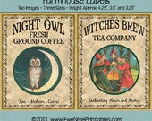 Instant Download - Printable Farmhouse Labels - Night Owl Coffee Witch Brew Tea - Digital PDF or JPG File