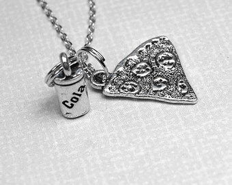 Pizza and Cola Necklace, slice of Pizza, Soda Pop, Cola can, antiqued small silver plated pewter, charms, on a delicate silver plated chain