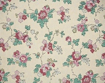 1920s Vintage Wallpaper by the Yard - Antique Floral Wallpaper with Pink Roses on Pinstripe