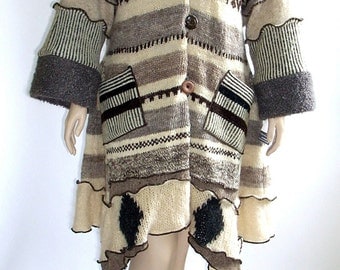Beige and Tan Striped Petunia Sweater Coat, Size XL 14 -16 by BrendaAbdullah