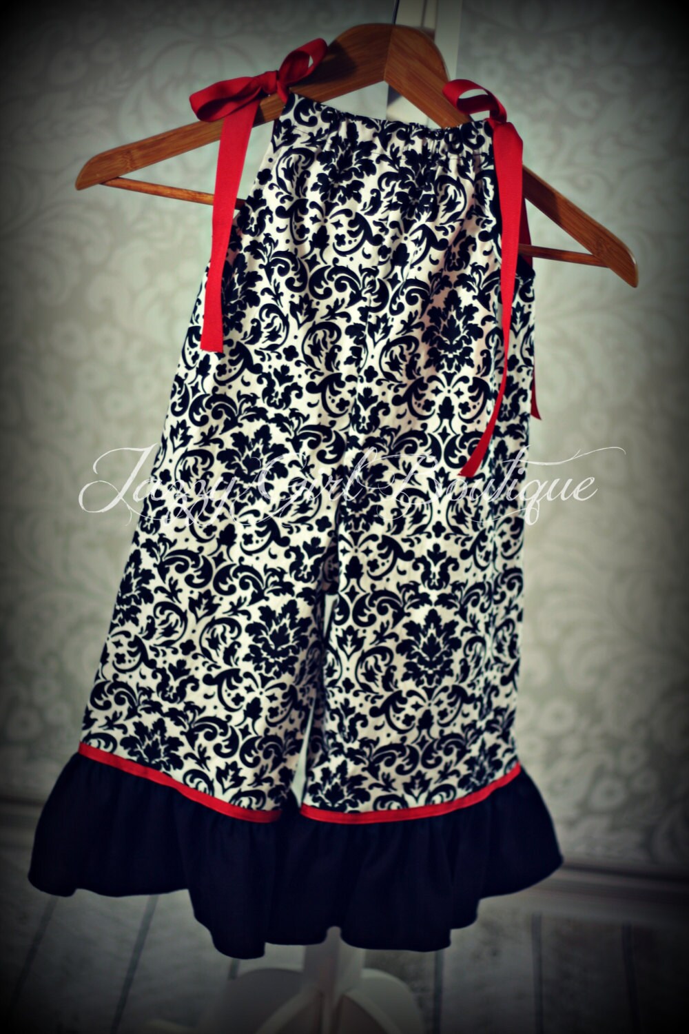 Girls Pillowcase Dress Gaucho Overalls Black and White Damask