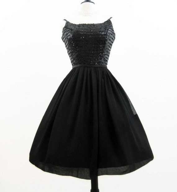 50s 60s Dress Vintage Black Chiffon Sequin Full Skirt Cocktail