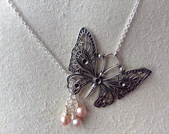 Butterfly Necklace, Steampunk Butterfly Necklace with Pearl Drops