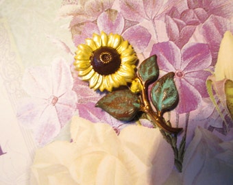 Mothers Day Gift Sun flower pin French vintage flower brooch sunflower pin verdigris and hand enameled