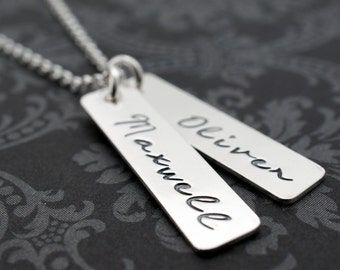 Mother's Jewelry - Baby Name Necklace - TWO Personalized Name Charms in Sterling Silver - Rectangular Bar Necklace for Mom or Grandma