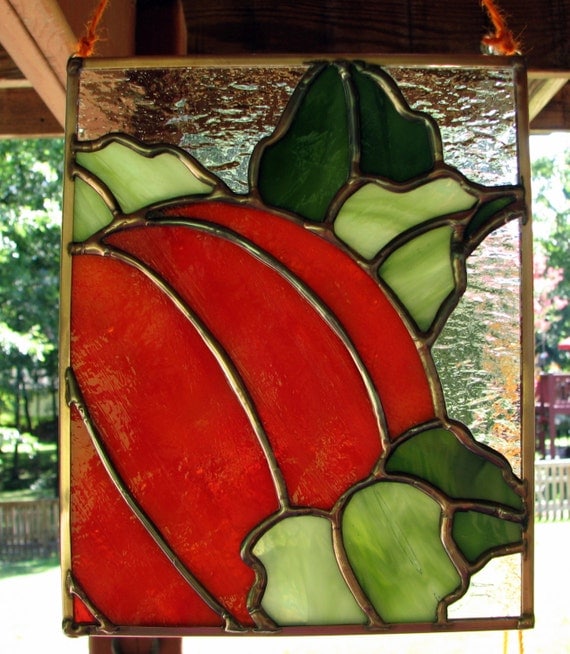 Stained Glass Pumpkin and Leaves Panel with Antique Copper