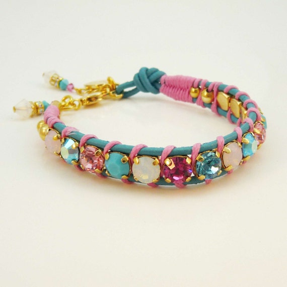 Items similar to Aqua Blue Pink Bracelet Turquoise Pink Woven Leather ...