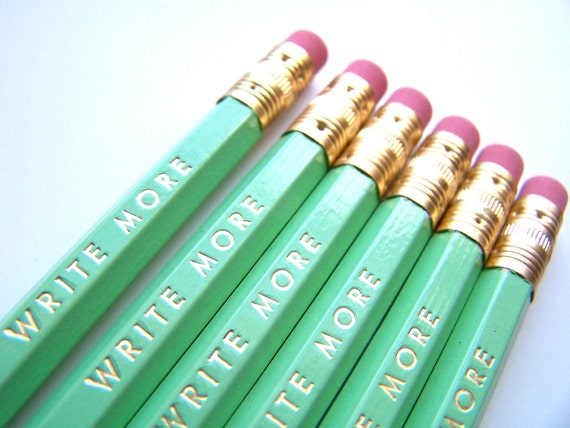 6 PENCILS - write more mint green hex pencils w/ kraft pencil box - Motivational funny pencil set with gold text