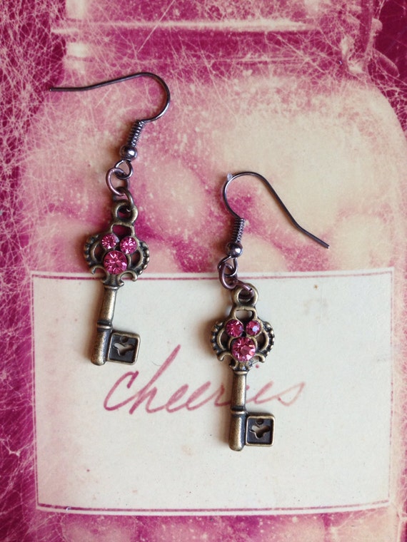Vintage Style Skeleton Key Earrings in Brass With Pink Swarovski Crystals
