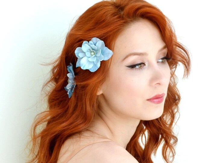 Blue flower clips, floral hair clips, flower bobby pins, bridal hair, wedding hair accessories - Something blue