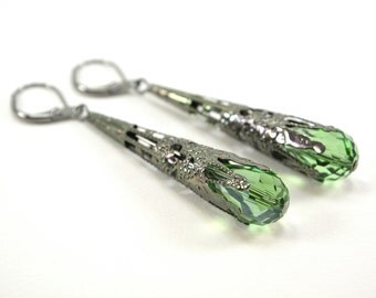 Gunmetal Peridot Earrings Long Dangle Earrings Green Dark Silver Filigree Victorian Antiqued