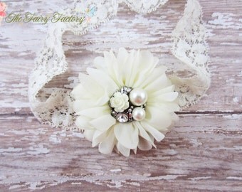 Ivory Flower Headband, Chiffon Flower Lace Headband or Hair Clip, Baptism, Christening, Baby Headband, Newborn Infant Child Girls Headband