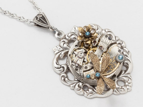 Steampunk Necklace with Vintage Pocket Watch on Silver Filgree Heart Pendant Featuring a Gold Dragonfly, Flower & Blue Crystal Jewelry Gift by steampunknation steampunk buy now online