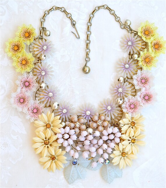 Pastel Flower Statement Necklace Wedding Necklace Chunky Bib