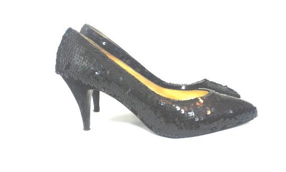 heel shoes new rubbing Party Size Women's 1980s 10 Stiletto Shoes Heels Disco Black Sequin