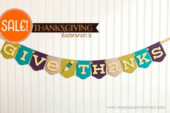 Give Thanks Banner : Modern Mix Thanksgiving Banner // Turkey Day Sign // Holiday Decoration with Feather & Art Deco Panel // SAMPLE SALE Il_570xn
