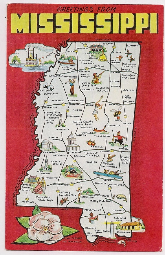 Retro Mississippi Tourist Map Postcard Souvenir Fun Vintage