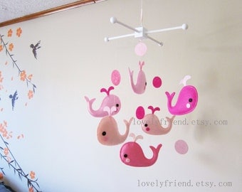 Baby Girl Mobile - Pink Crib Baby Mobile - "Six Little Pink Whales " mobile - Custom Nursery Mobile (Match your bedding)