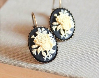 Black Cameo Earrings Short Lever Back Earrings Nickel Free Jewelry Ivory Rose Earrings Vintage Style Leverback Black Earrings