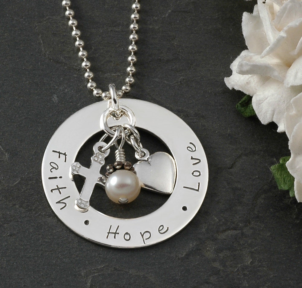 Faith Hope Love Hand stamped Necklace Sterling Silver