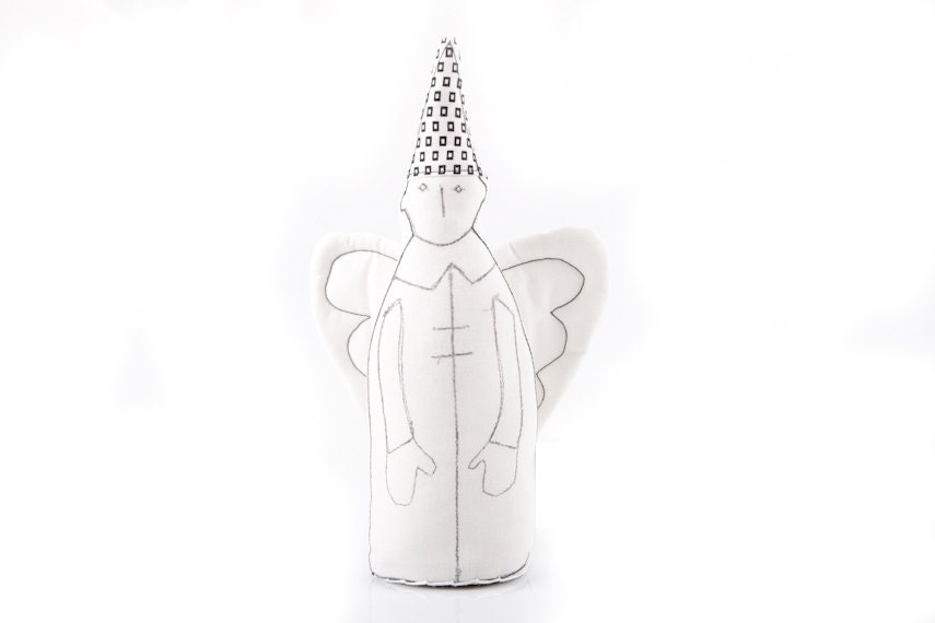 christmas angel decor - Black & White guardian angel With white wings wearing retro geometric pointed hat -timo handmade eco fabric doll