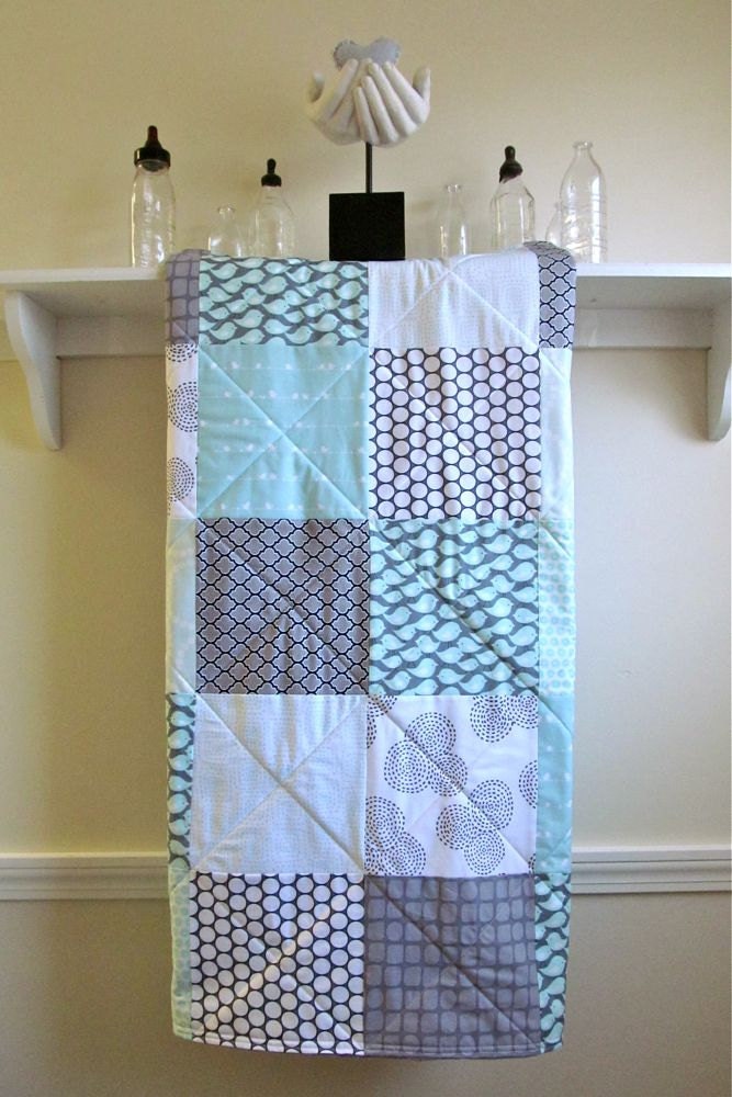Modern Baby Quilt Gender Neutral Crib Quilt Aqua Grey and