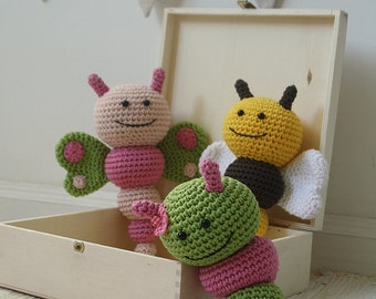 PATTERN - Bug rattles - Butterfly, Bee and Caterpillar - crochet pattern, amigurumi pattern, pdf