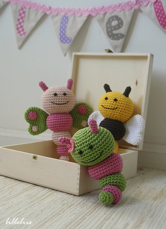 PATTERN - Bug rattles - Butterfly, Bee and Caterpillar - crochet pattern, amigurumi pattern, pdf